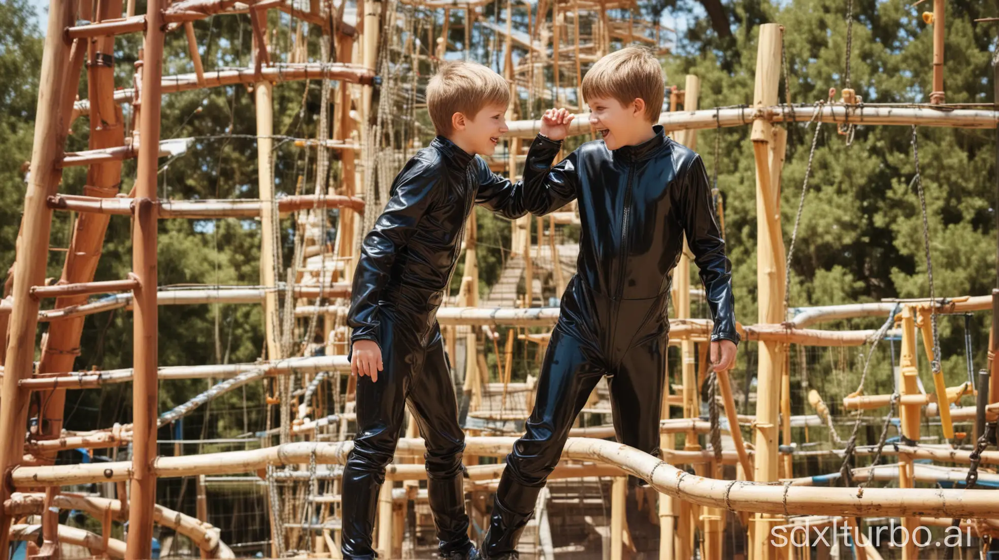 two 9yo boys who are friends, dressed in skin tight rubber skinsuits, on a large outdoor adventure playground, climbing on a large play structure with many options and slides, having a happy time on  a bright sunny day, a castle in the background