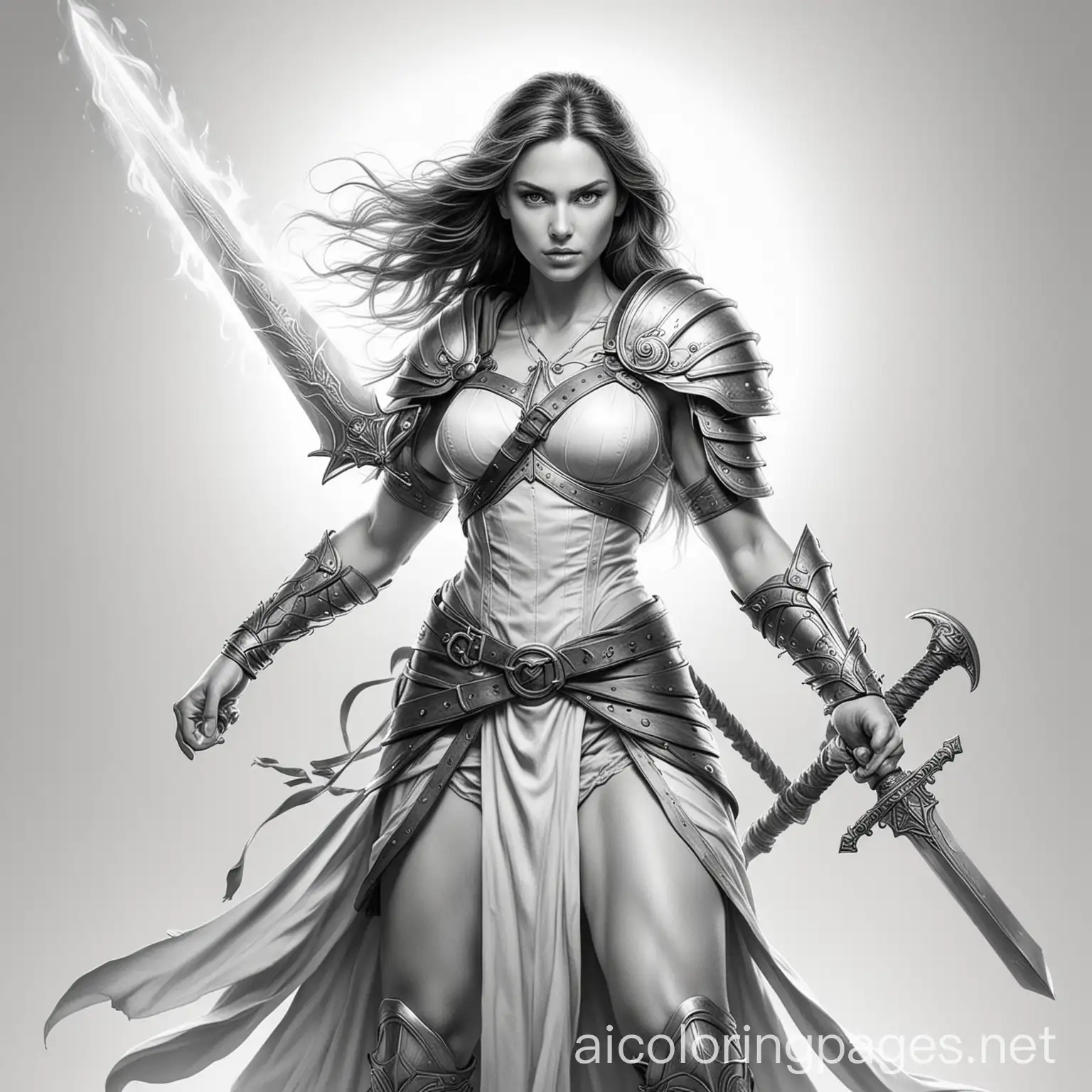 Female-Warrior-with-Flaming-Sword-Coloring-Page