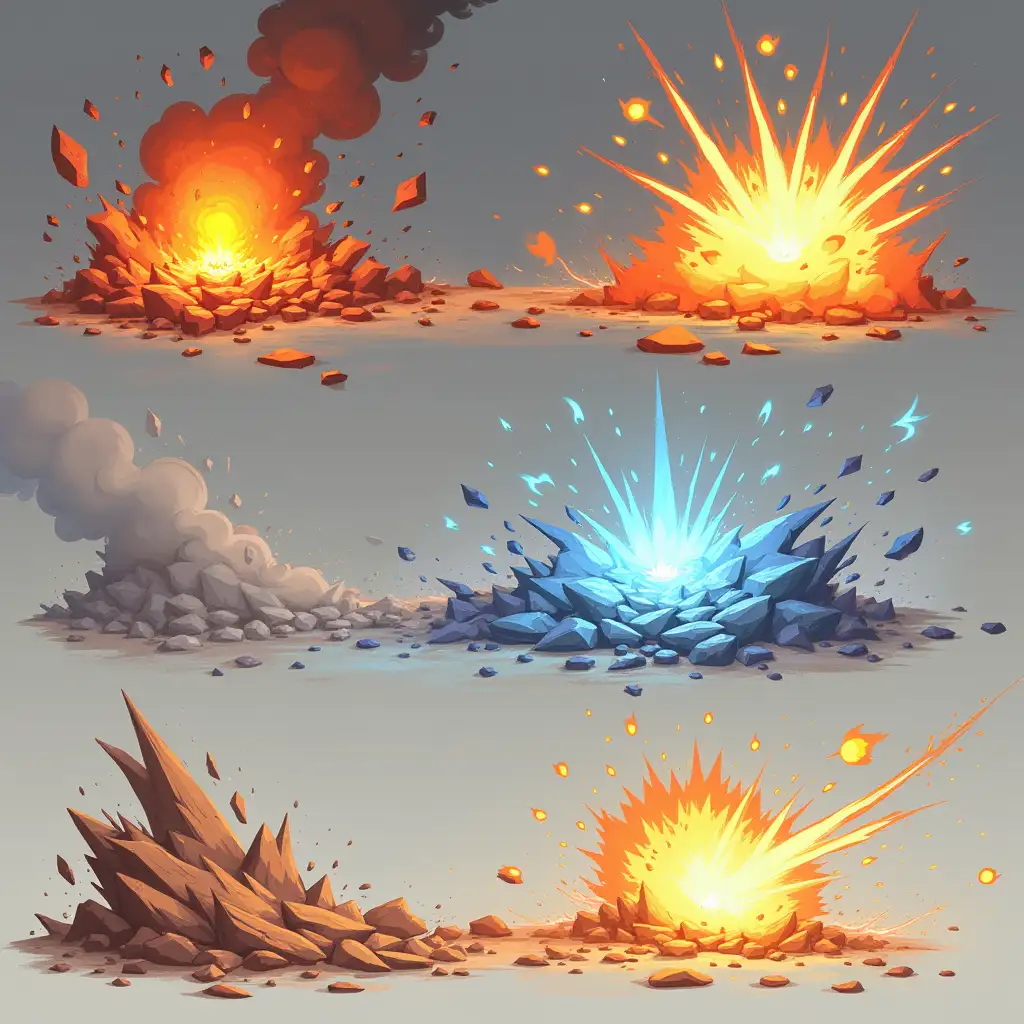 2D game particle effects, hand-drawn style, high detail, inspired by Kim Jong-gi. Effects designed for side-scrolling gameplay: nnFire – Small sparks, glowing embers, crackling flames. nMagic Spell – Glowing orbs, swirling mist, arcane sparkles. nImpact – Dust clouds, small rocks, debris flying when hitting surfaces. nEnergy Burst – Radiant shockwaves, glowing lines, fading trails. nAll effects should enhance combat and environmental interactions with bold, vibrant details.