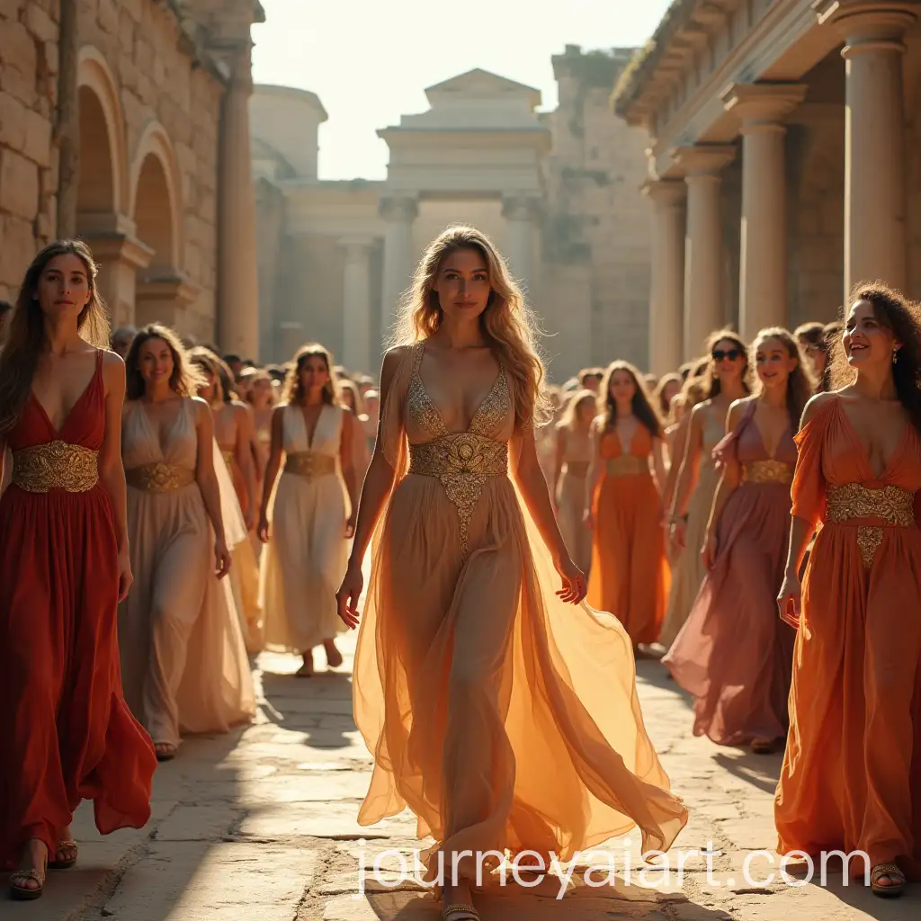 Fashion-Show-Amidst-Ancient-Roman-Ruins-with-Classical-Gowns-and-Gold-Embellishments