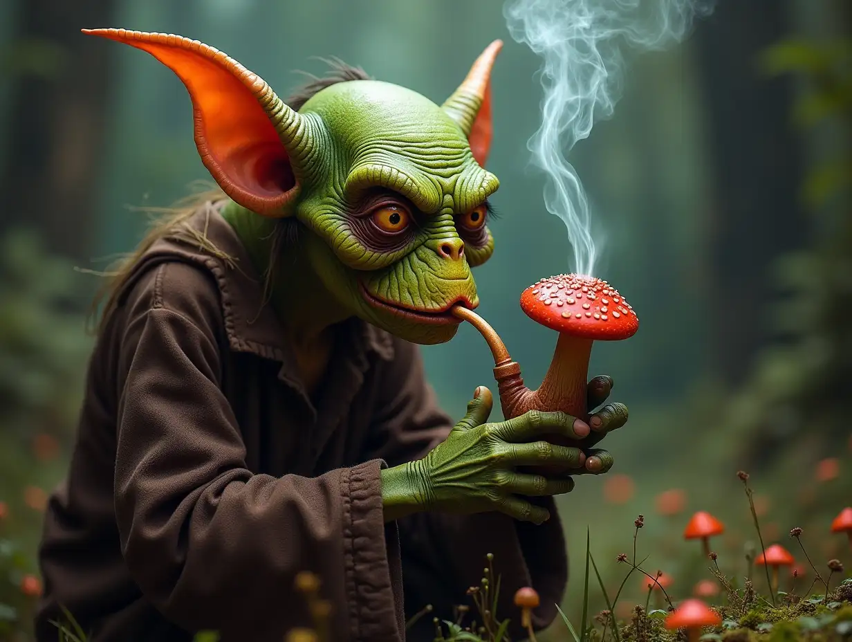 evil goblin on mushroom smoking pipe