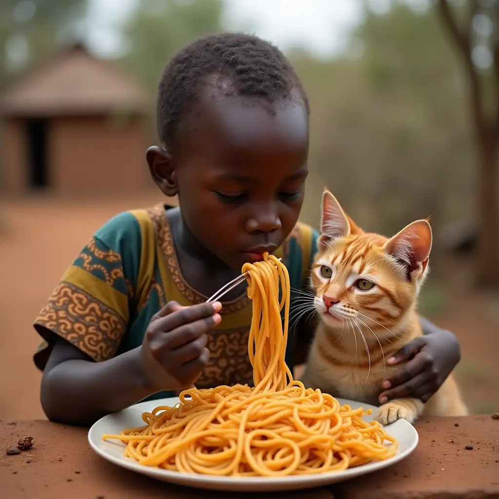 African-Child-Eating-Spaghetti-with-Cat-in-Traditional-Village-Setting