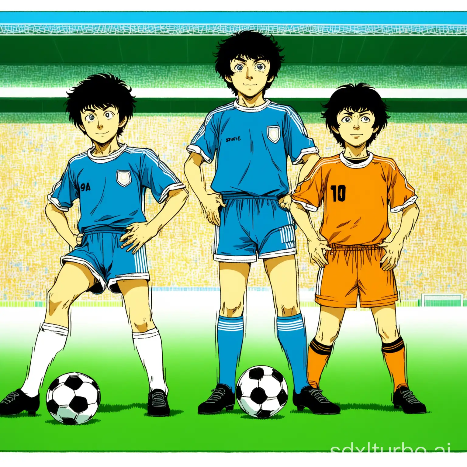 Transform the photo of two children into an illustration in the style of the animated series 'Oliver and Benji' (Captain Tsubasa). The children should appear as Japanese anime characters, with the following characteristic elements: • Large, expressive eyes typical of anime. • Soft facial features and dynamic lines, with stylized proportions (slender bodies, elongated limbs). • Soccer sportswear inspired by the series' uniforms (shirt, shorts, high socks, and soccer boots). • Soccer-related background, such as a playing field or stands, with bright colors and simple details. • Clean drawing style, flat colors, and soft shading, mimicking 1980s animation. • Capture the spirit of camaraderie and energy of the series, showing the children smiling or sporting attitudes. Visual reference: 'Oliver and Benji,' a 1980s Japanese anime created by Yoichi Takahashi, with aesthetics inspired by manga and soccer.