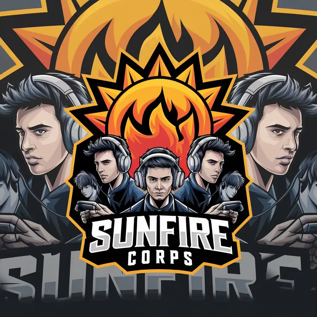 LOGO Design for Sunfire Corps Blazing Sun Fire with Group of Passionate Young Gamers