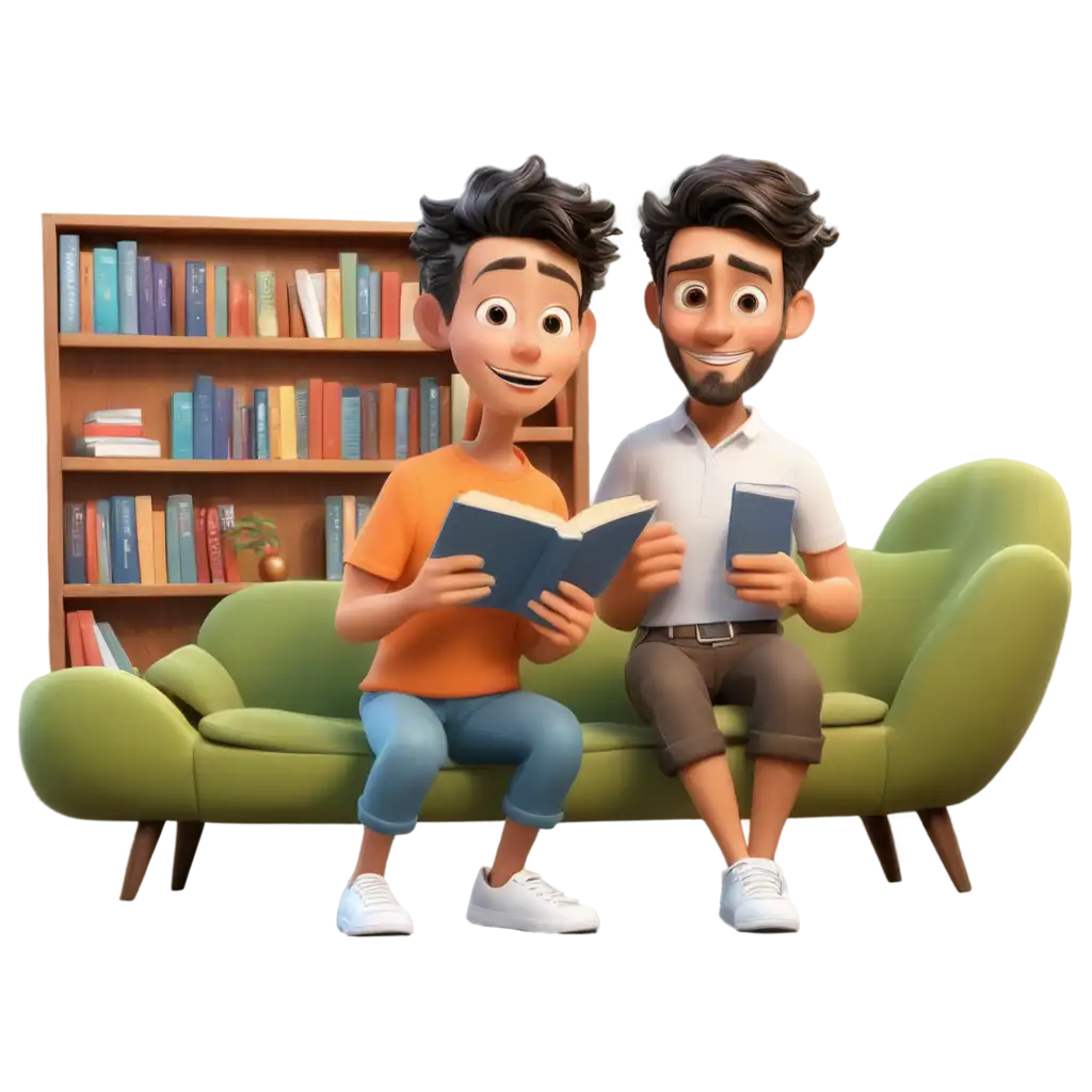 Vibrant-3D-Cartoon-PNG-of-Human-Characters-Holding-a-Book-in-a-Cozy-Living-Room