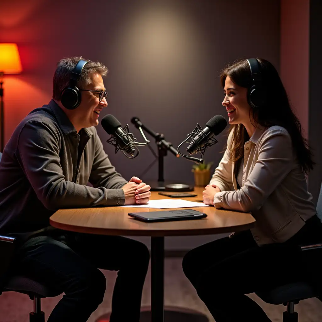 Man-and-Woman-Discussing-Podcast-in-a-Radio-Studio