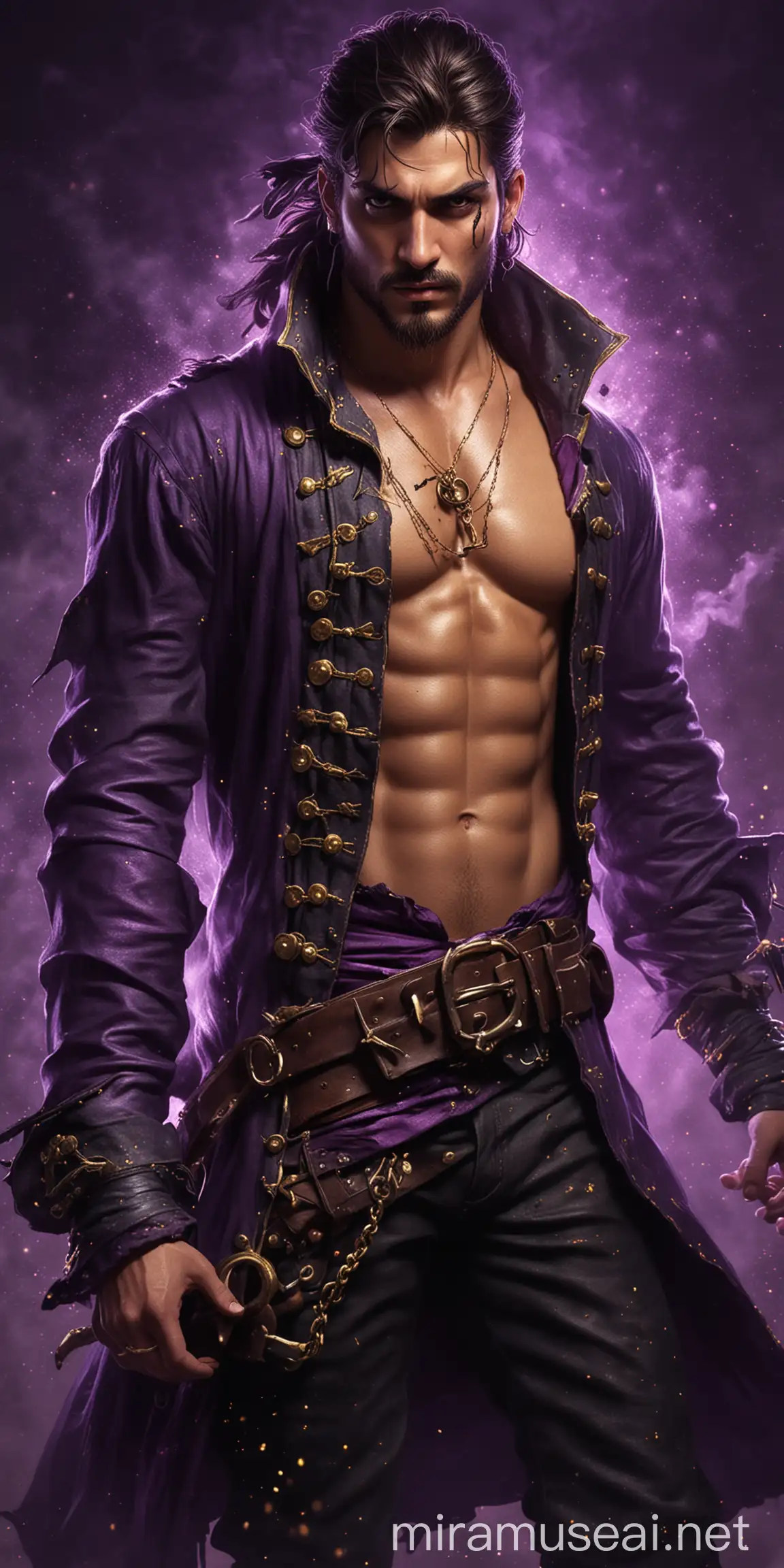 Handsome Pirate Man in Unbuttoned Pirate Clothes with Black and Purple Fog