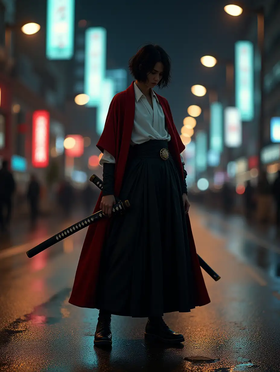 A lone warrior, young japanese woman, hair-up, standing on a wet city street at night, illuminated by glowing streetlights. The figure is dressed in a futureistic samurai-style outfit, consisting of a flowing black hakama, a white collared shirt, and a dark red cape draped over their shoulders. Their stance is powerful yet contemplative, with their head slightly tilted downward, casting a shadow over their face, which is partially obscured by tousled short hair.nShe holds a sheathed katana in one hand, gripping it firmly, as if prepared for battle. Their black boots are planted firmly on the glistening asphalt, reflecting the ambient glow of the urban lights. The background is a modern cityscape with blurred streetlights and buildings, creating a cinematic bokeh effect.nThe image is captured from a low angle, emphasizing the warrior’s presence. IMG-7587.JPG