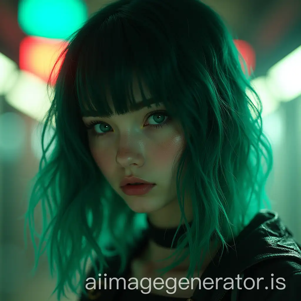 Cyberpunk-Girl-with-Dark-Green-Hair-in-Gradiated-Background