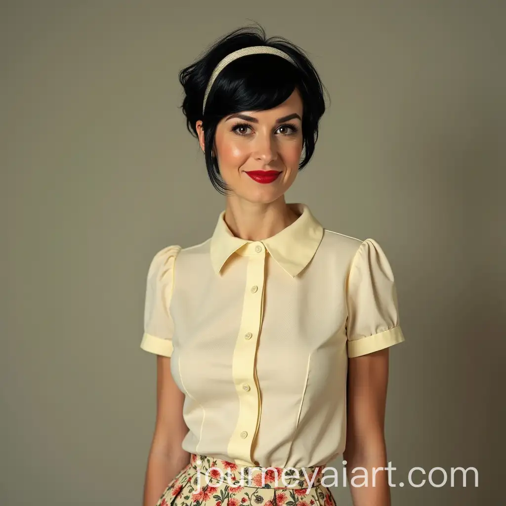 Stylish-1950sInspired-Woman-with-Pixie-Cut-and-Floral-Miniskirt