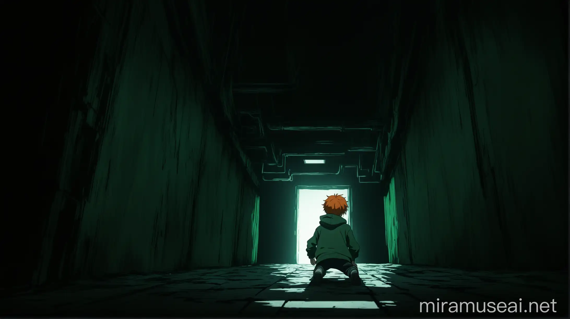 Anime Boy Crawling Backwards in Underground Room with Dark Green Vibes