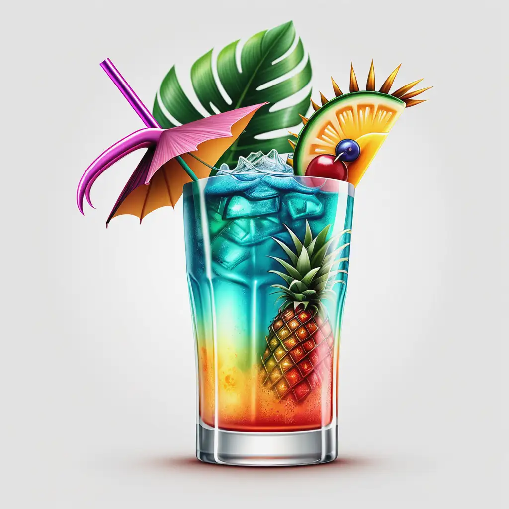 Vibrant Tropical Drink with Decorative Toppings on White Background