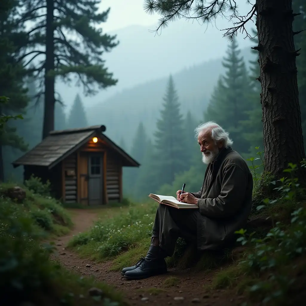 A cinematic shot of an elderly hermit sitting by a small wooden cabin in the mountains, surrounded by mist and towering trees. He is writing in a journal, with a serene smile on his face. The scene is accompanied by the sound of rustling leaves and distant birdsong, evoking a sense of spiritual fulfillment and connection to nature.