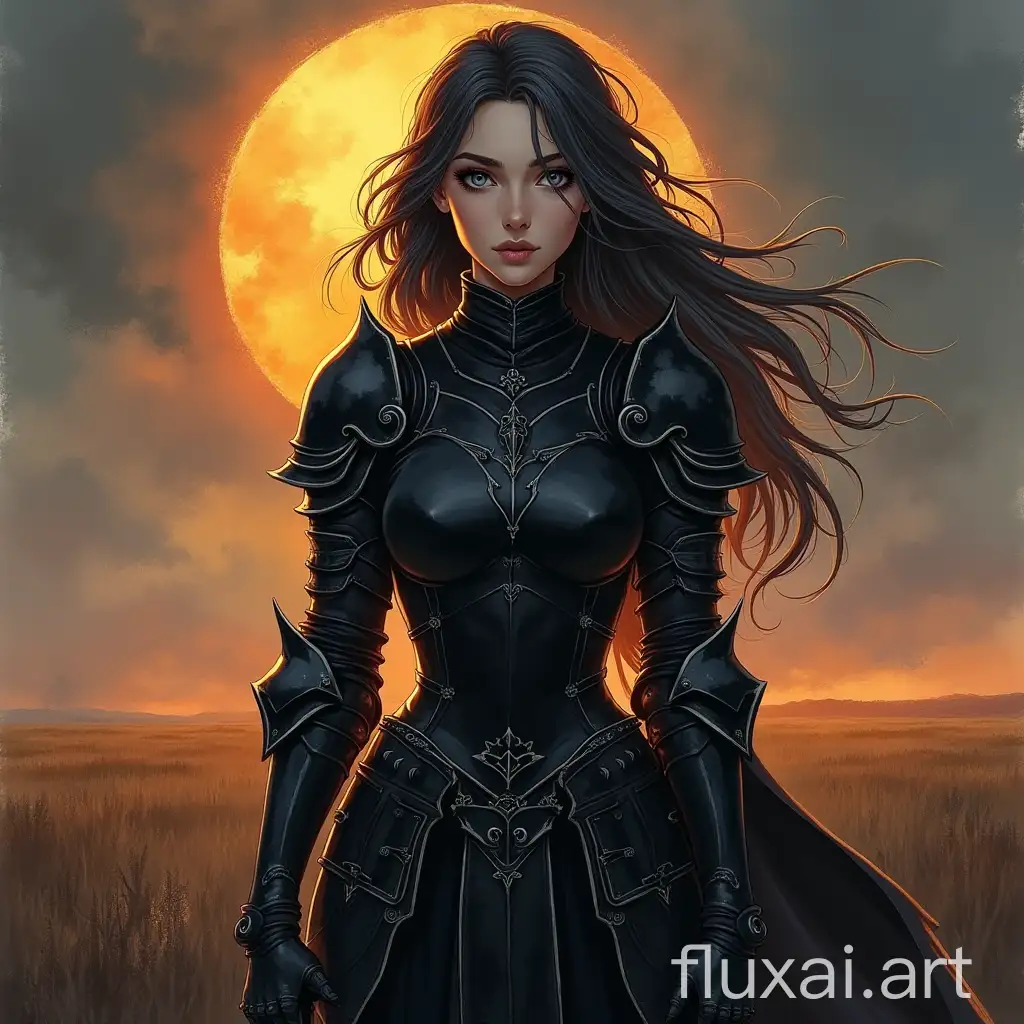 a beautiful female knight, Spanish, necromancer, slender, graceful, flexible, in black armor, black hair with gray, dark eyes, left eye pale blue, dark sky, sun's rays, scorched field, high detail, high artistic, watercolor painting, stable diffusion