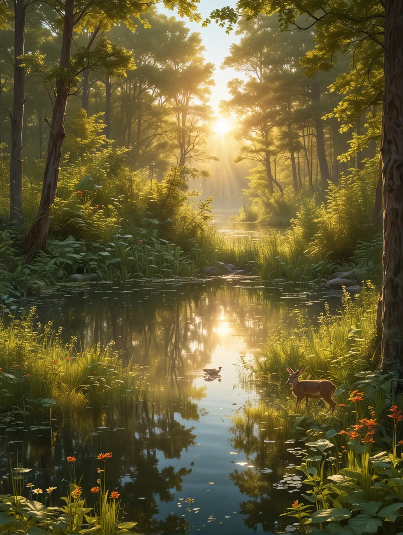 A hyper-realistic forest clearing bathed in golden sunlight, with tall, lush green trees surrounding a crystal-clear pond. Rays of light filter through the leaves, creating a magical glow. Wildflowers in vibrant colors bloom around the pond, and a deer drinks water peacefully while birds flutter in the background.