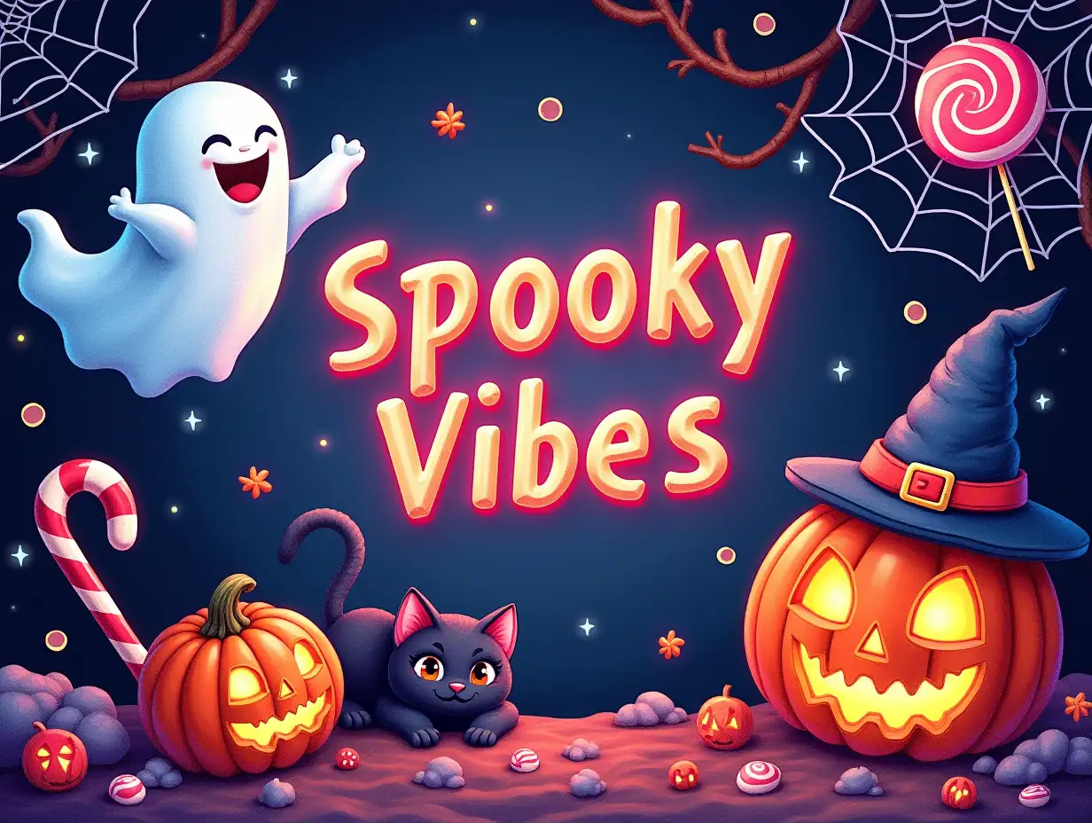 Vector, neon, seamless design, 64k. A vibrant, Halloween-themed scene with a playful and spooky atmosphere. A mischievous ghost floats beside a grinning jack-o'-lantern, while a black cat peers from behind a cobweb. Candy canes and lollipops are scattered around, and a witch's hat sits atop a pumpkin. The overall style is detailed and colorful, with a focus on the festive spirit of Halloween. Featuring the word 'Spooky Vibes' in bold, stylized text center of the picture. Watercolor style.