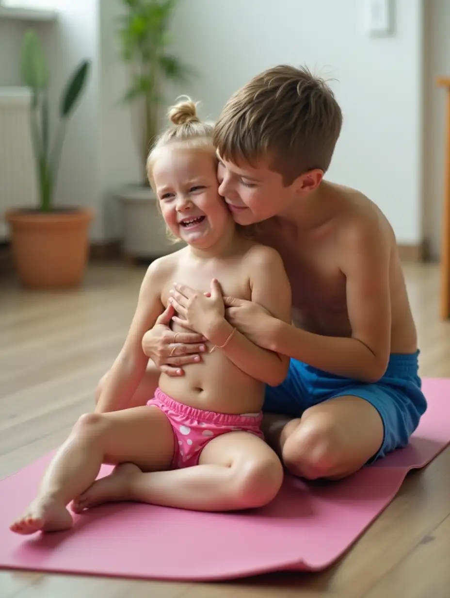 Joyful-Embrace-Little-Girl-in-Pink-Swim-Trunks-and-Boy-in-Blue-Swim-Trunks-Share-a-Heartfelt-Moment-in-a-Yoga-Class