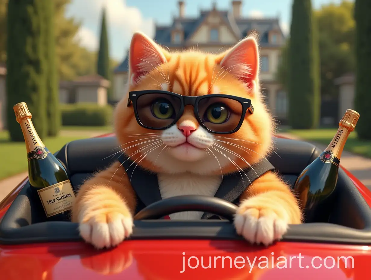 Chubby-Ginger-Tabby-Cat-in-Luxurious-Suit-Driving-Convertible-Towards-Mansion
