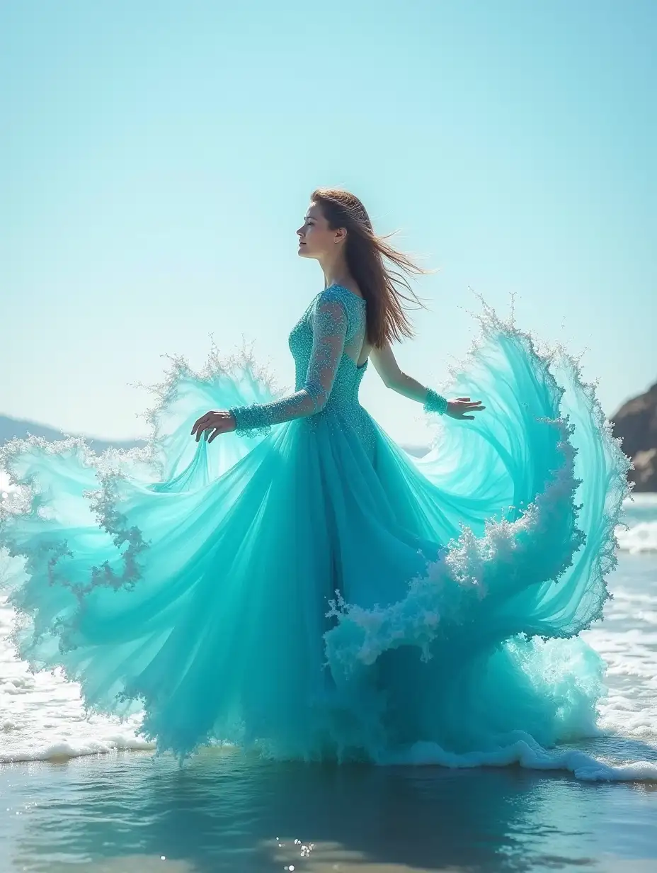 A stunning and surreal image of a girl wearing an intricate aqua dress made entirely of water waves, creating a mesmerizing and visually stunning effect. The girl is shown in a graceful pose on the seashore, and the water seems to flow in a dramatic fan shape. It is caused by the waves crashing against her. This image can be created using the following vector. Woman in an elaborate aqua dress made entirely of water waves, by Dmitry Kostanovich, Photoshop, Felicia Semyon, UHD image, Ekaterina Panikanova, Shiny and sparkling, HDR, Dynamic mode, 32 KB, Sharp focus, Illustration. by Sasan.