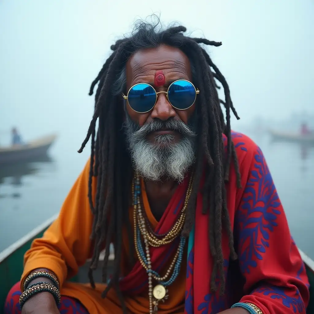 Elderly-Holy-Man-in-Colorful-Attire-on-a-Foggy-Ganges-River