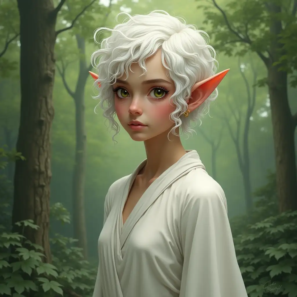 Elf girl, realistic style, pointed ears, short white curly hair, dressed in a white chiton, In full growth, forest