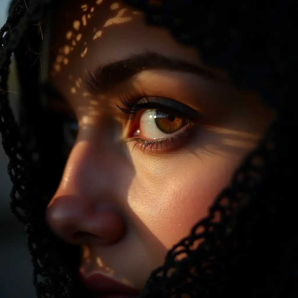 Intimate-Portrait-of-Woman-with-Intricate-Lace-Shawl-and-Captivating-Hazel-Eye