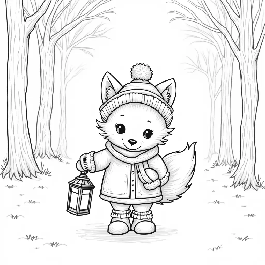 Charming-Fox-in-Winter-Attire-with-Lantern-in-Snowy-Forest