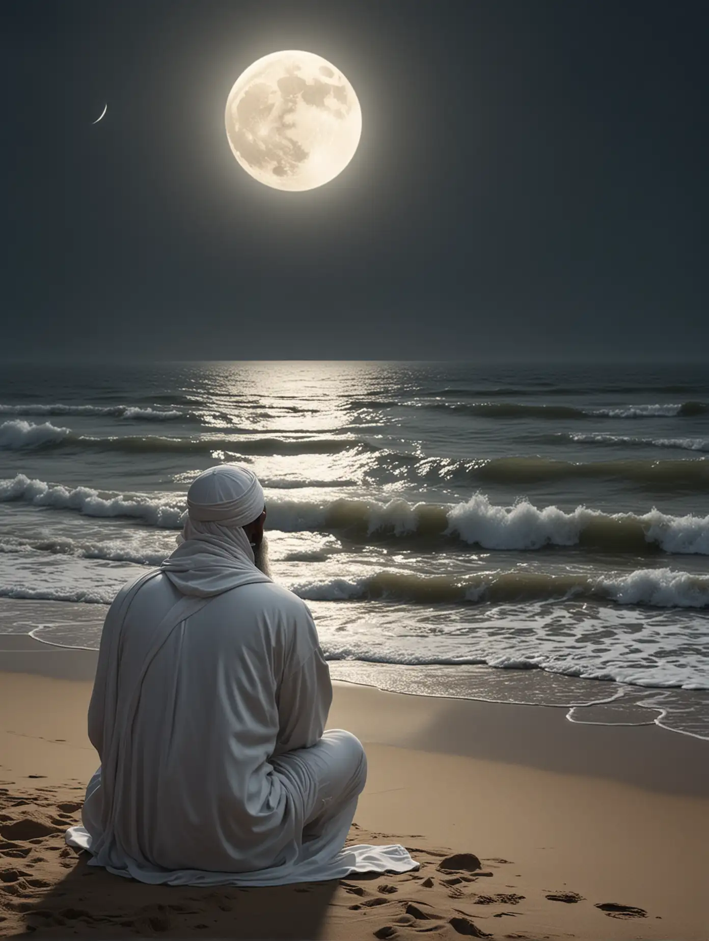 Muslim-Devotee-Meditating-on-Beach-under-Bright-Moon