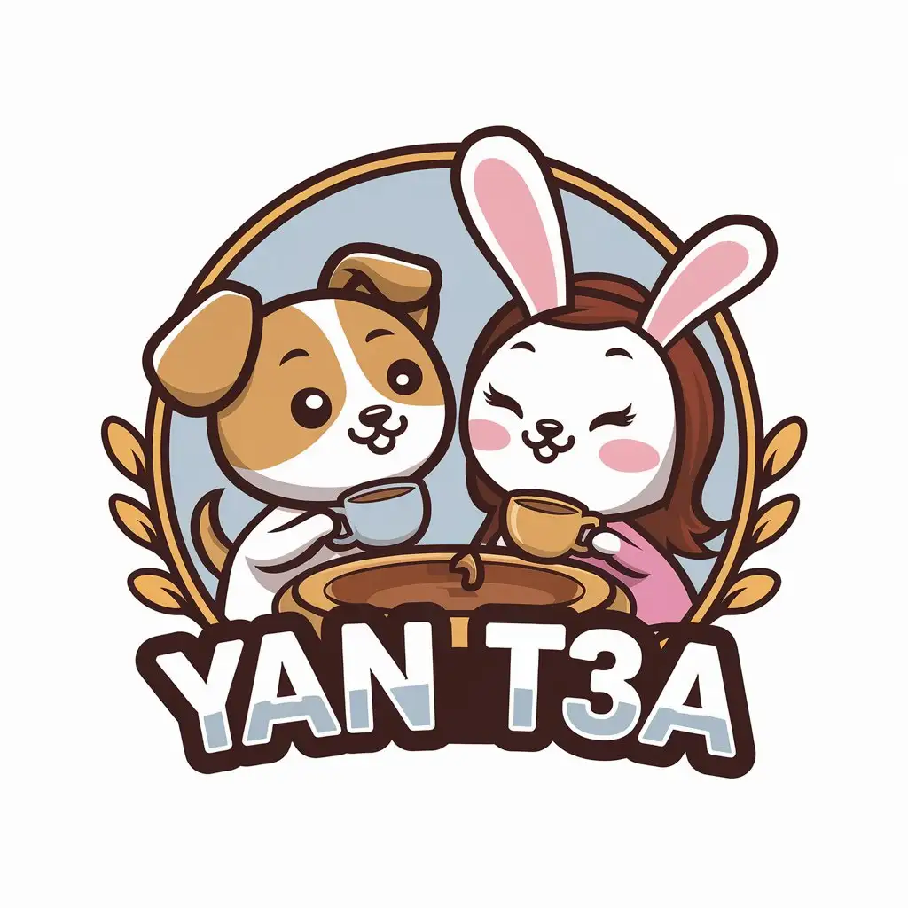 a vector logo design,with the text "YAN T3A", main symbol:CUTIE, DOG GIRL, RABBIT GIRL, DRINKING TEA,Moderate,clear background