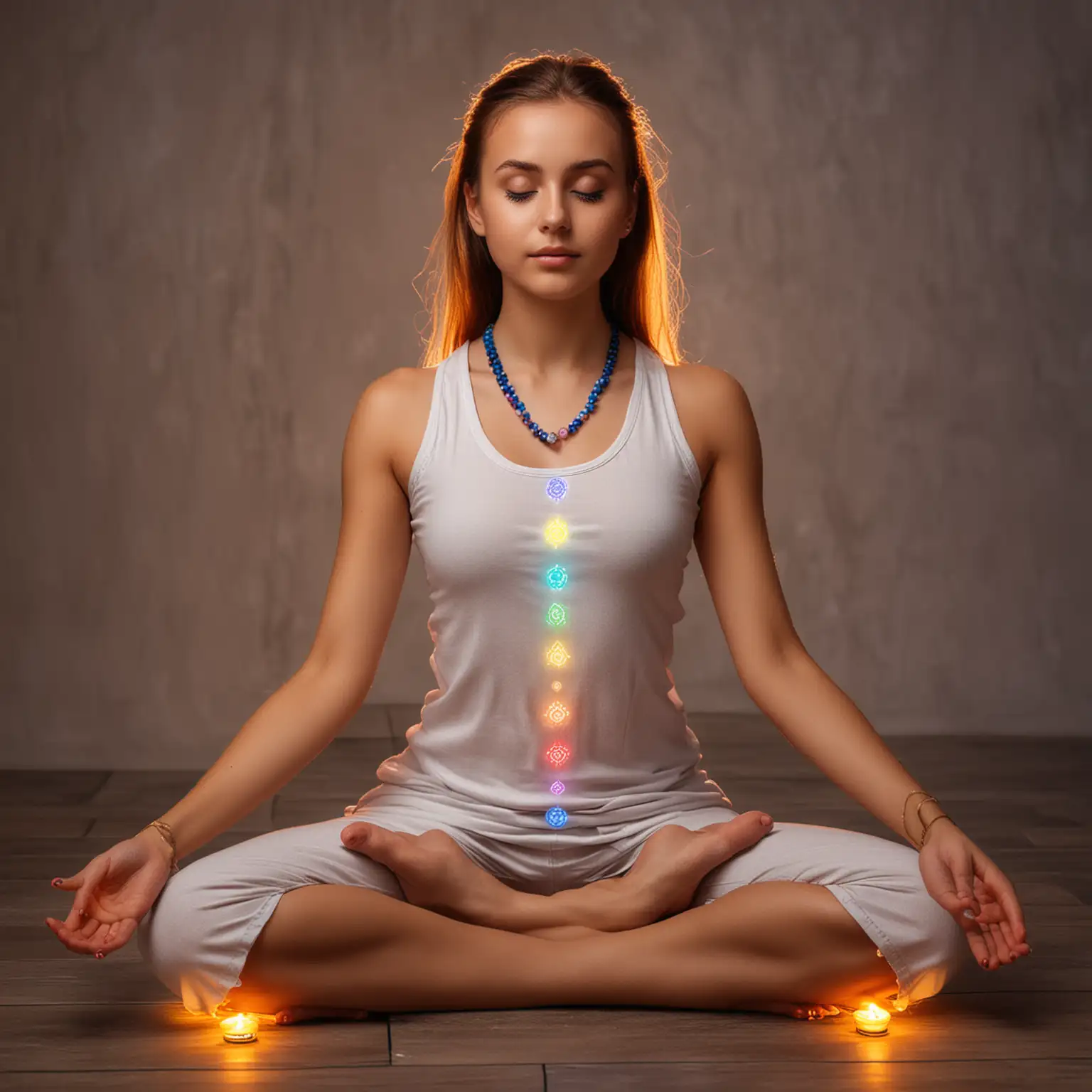 a beautiful girl is sitting in a meditative pose she has glowing chakras