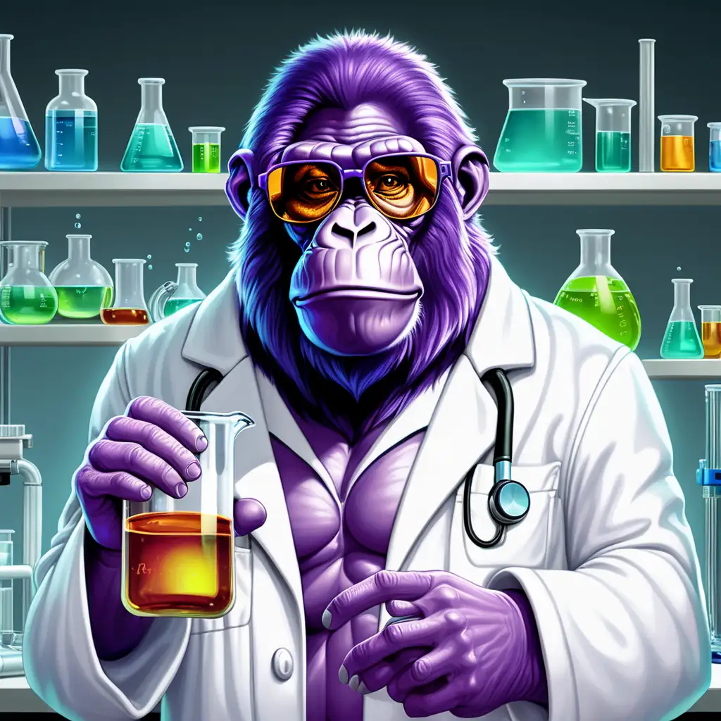 A peaceful looking purple ape in sunglasses and lab coat holding a beaker in a laboratory 