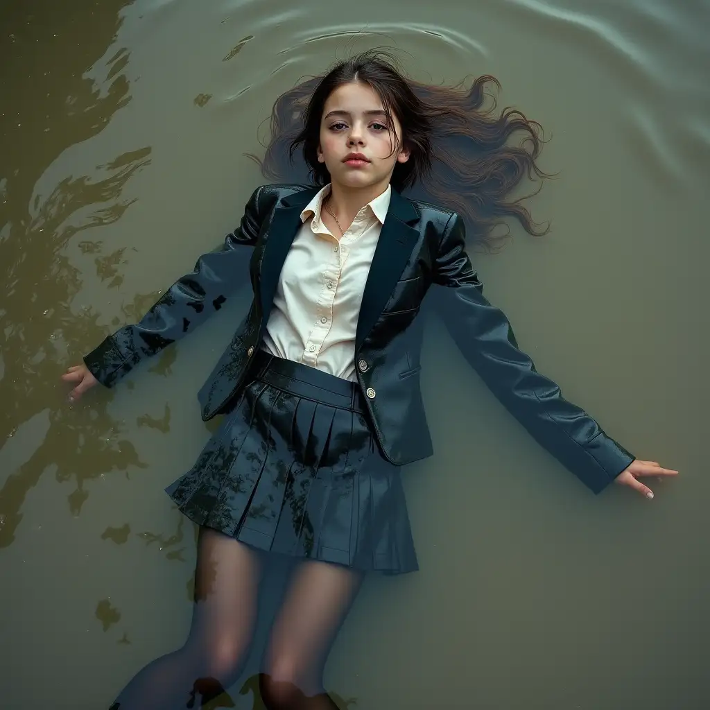 schoolgirl in school uniform, with skirt, blazer, blouse, dark tights, high-heeled pumps. Swims in a dirty pond, clothes completely wet, no dry spots on clothing, under water, lying fully in the water, wet clothes stick to body, submerged in water