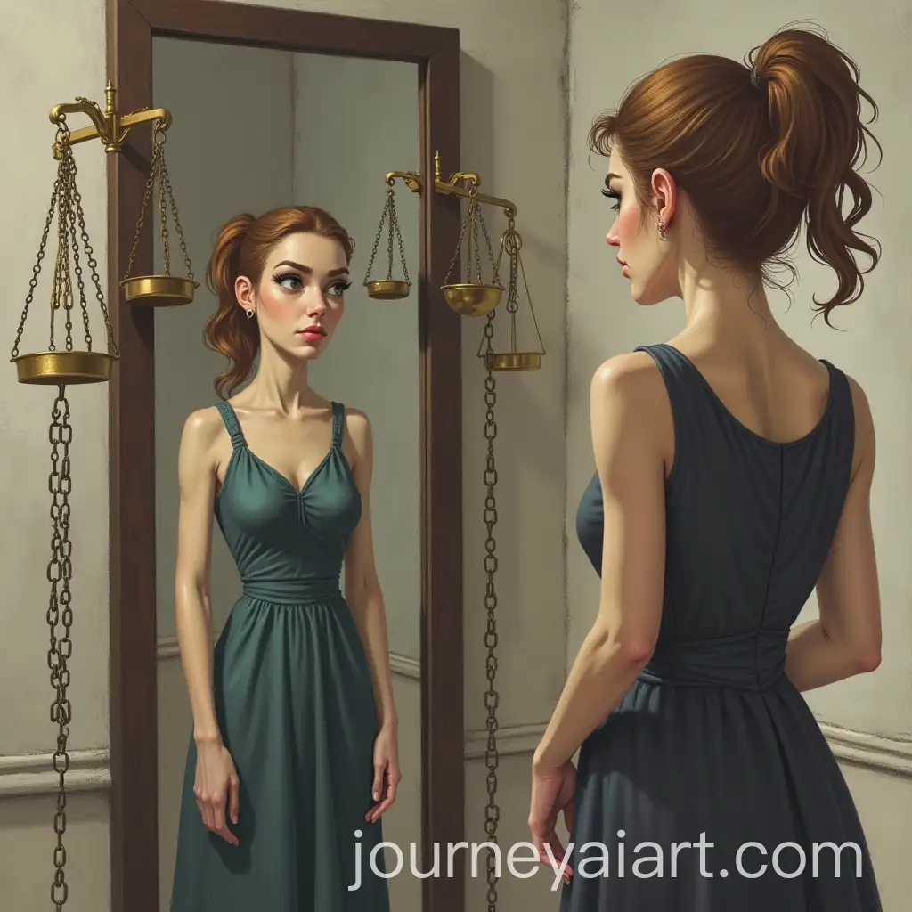 Confident-Woman-Judging-Herself-in-Mirror-with-Symbols-of-SelfStandards