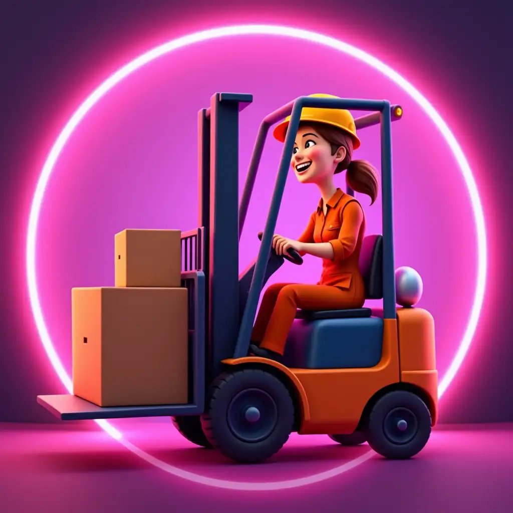 forklift carries a large box. A female worker in a yellow helmet and orange coveralls sits at the wheel and looks our way with a wide smile. Brown hair, ponytail. Style - animation. Background - single-colored objectless, blurred purple-pink glow, gradient Everything is placed in a pink neon round frame