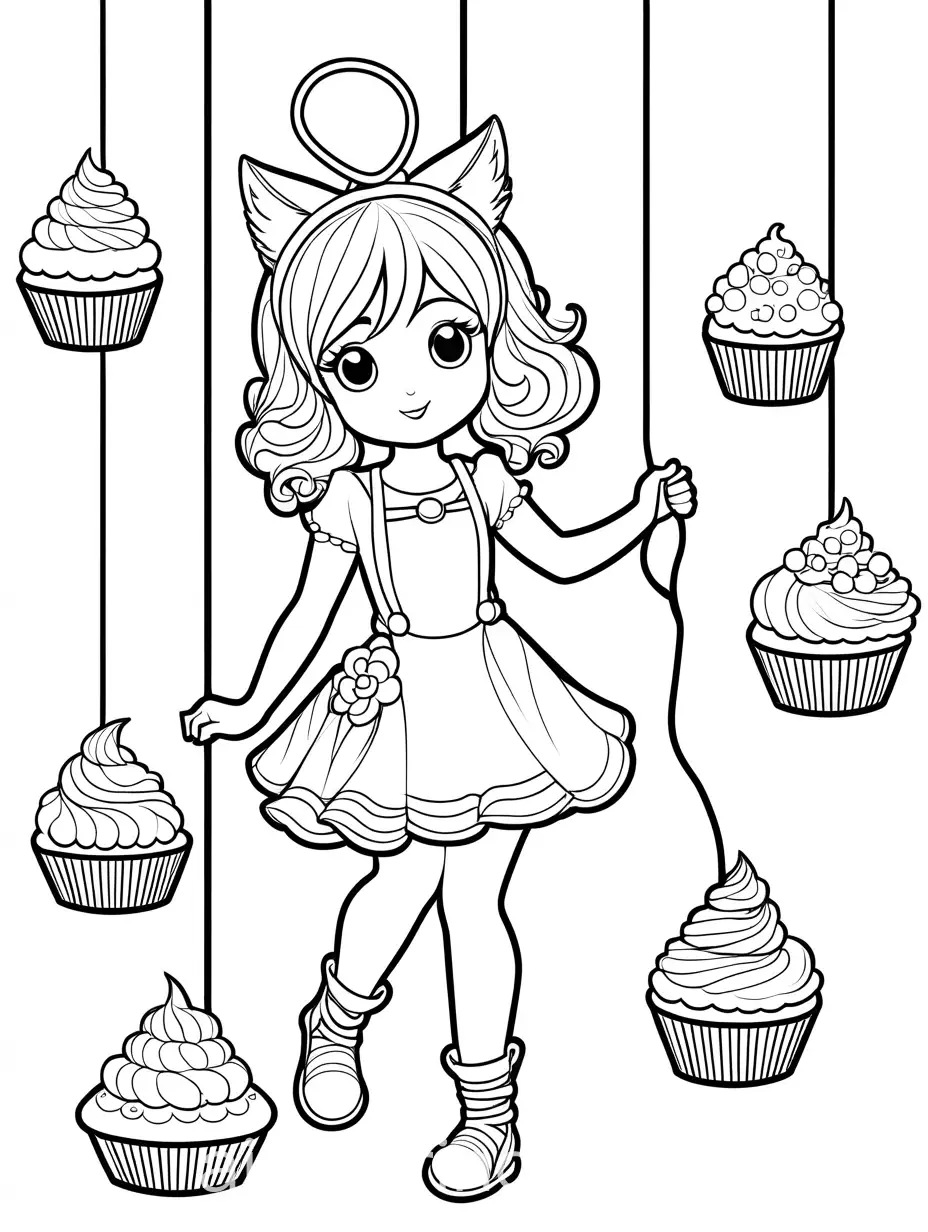 Princess-Skipping-Rope-with-Kitten-Ears-and-Cupcakes-Coloring-Page