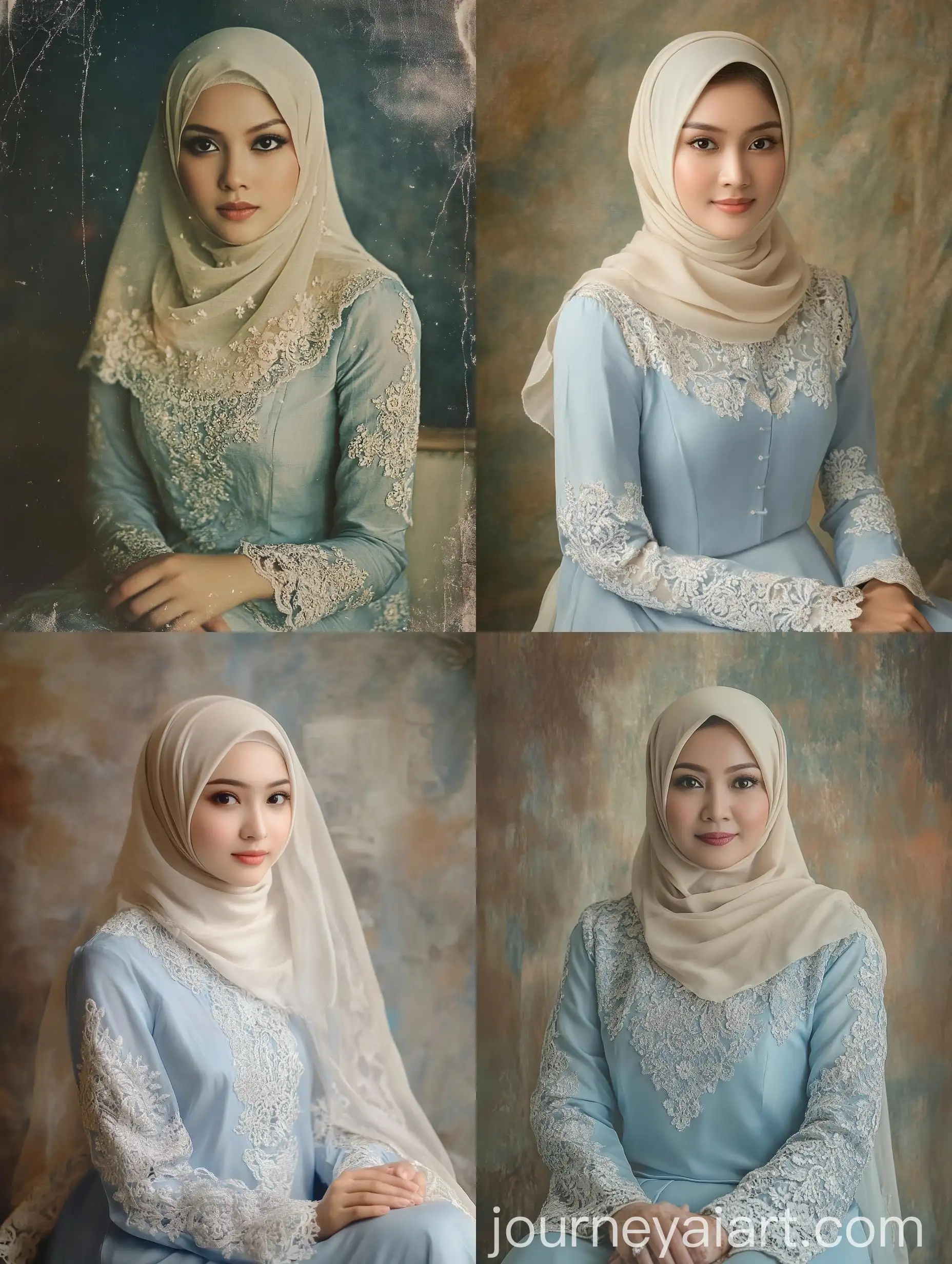 Vintage-Portrait-of-Woman-in-Light-Blue-Baju-Kurung-and-Cream-Hijab