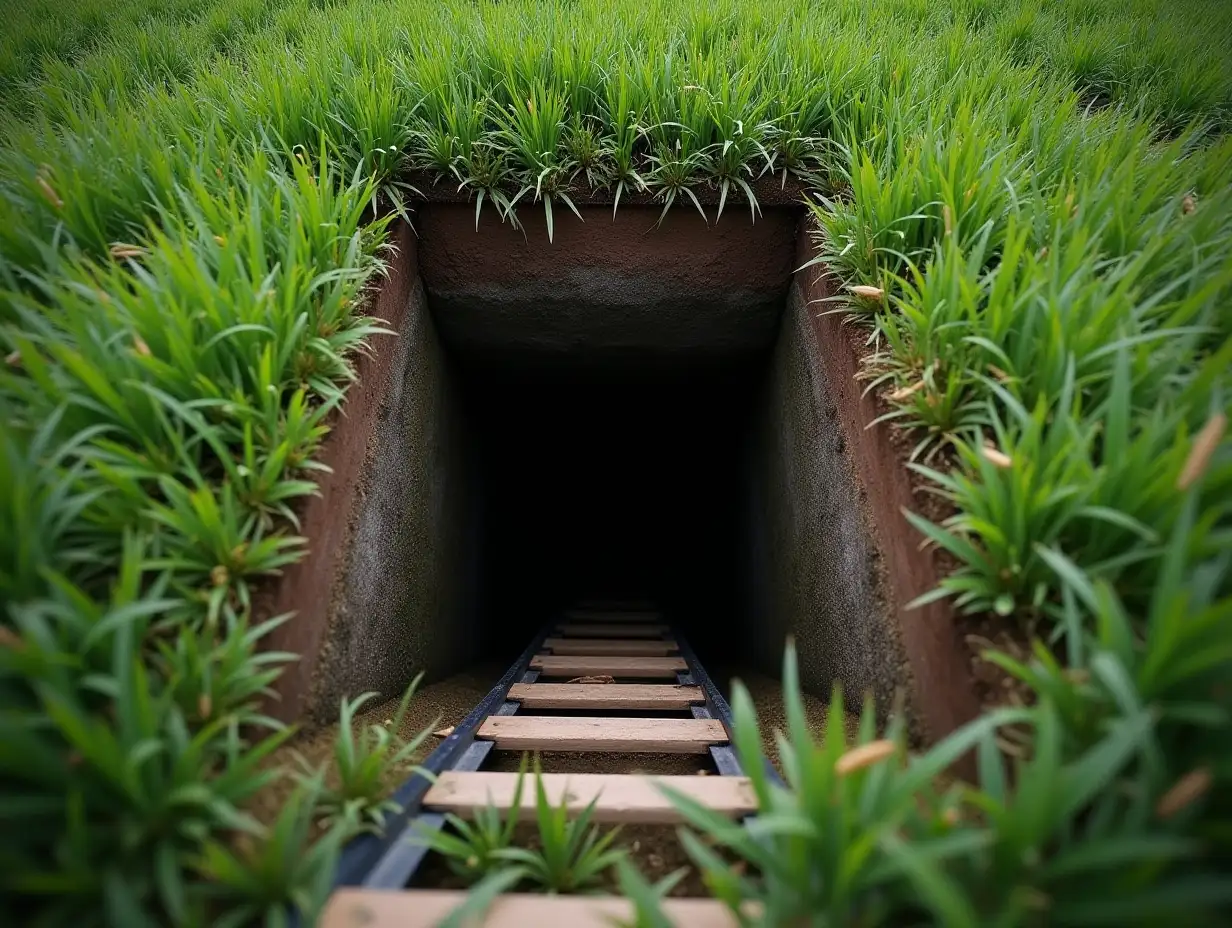 grass, garden with short grass, 10 cm, with a square hatch of one and a half meters, even with the ground. View into dark hole with ladder downwards. View while descending on the ladder.