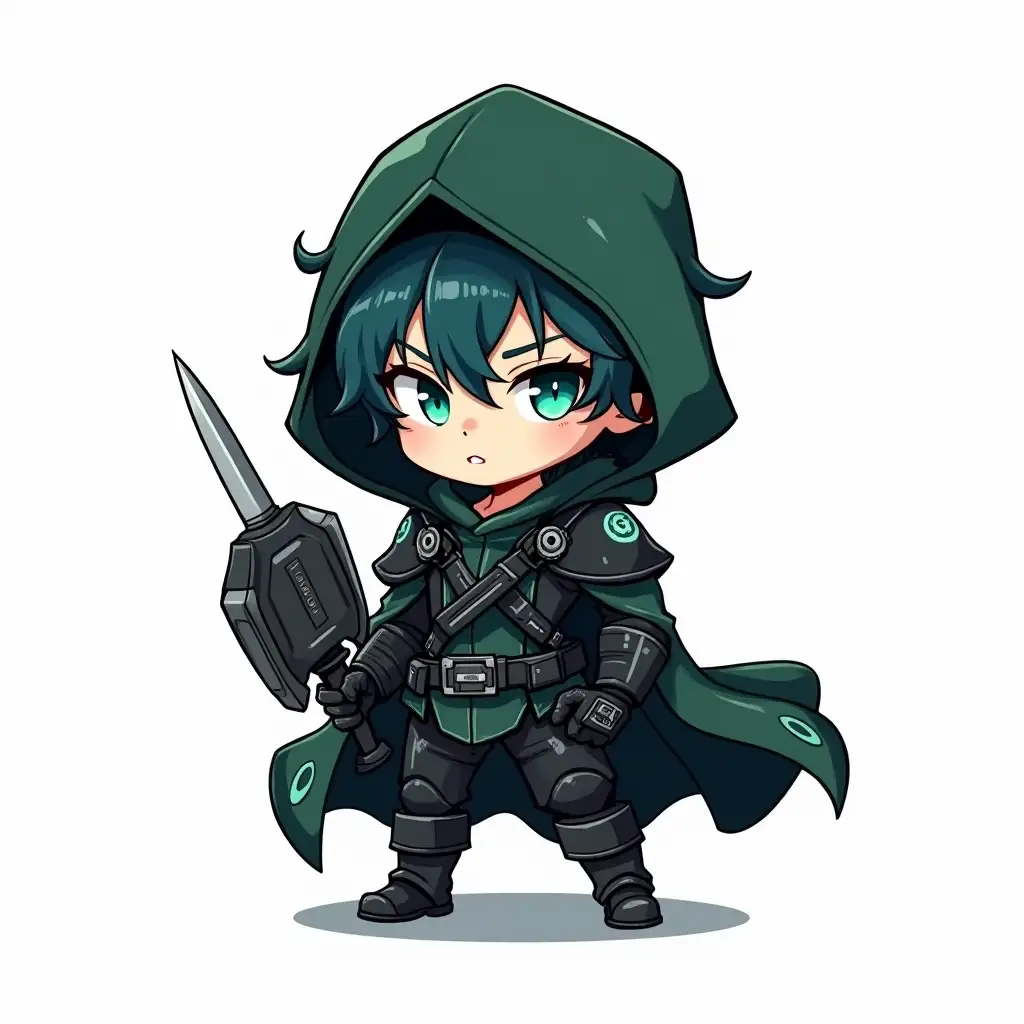 Chibi-Anime-Character-with-Dark-GreenBlue-Hair-in-Cyberpunk-NeoGothic-Cloak-Wielding-a-Weapon-and-Shield