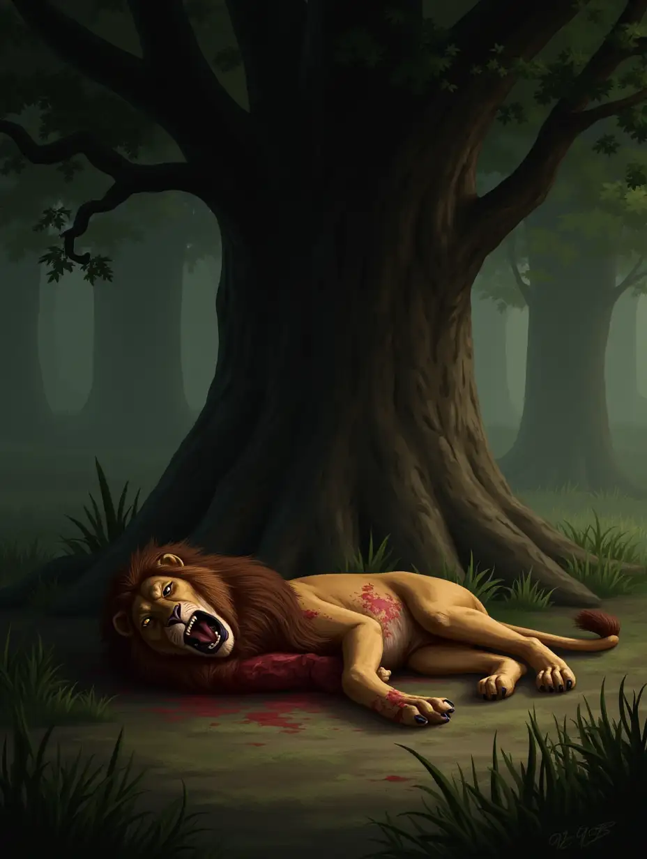 3d : **Lion in Pain with red blood on some its body**   nA majestic lion lying under a large tree, wounded and in visible pain. The area around is calm but tense, with faint sounds of the jungle in the background.