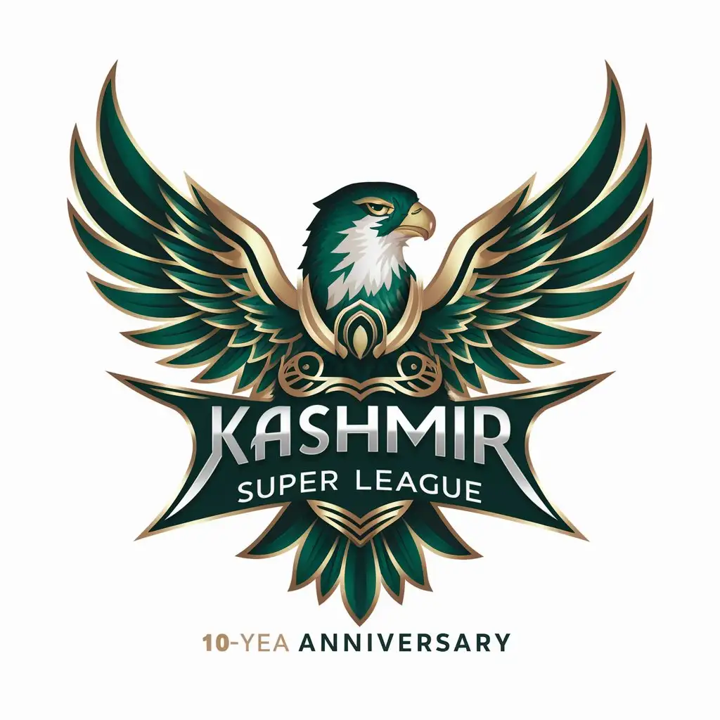 create a premium logo for a cricket team; incorporate 10 years of the league in the photo; gold and green color; falcon with open wings; Kashmir super league