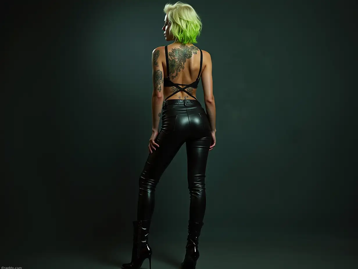 depiction of a beautiful white woman with tattoo, short mixed green-yellow hair in a futuristic cyberpunk and tight leather pants and high heels, Blurry black background (120mm) shot poster