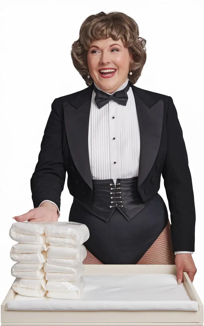 ((photo realistic)), ((sweet laughing middle-aged larger plump full-figured body type with large wide hips)) (((Caucasian female woman))), ((with short dark blonde curly 1980s hair with curly bangs)), (wearing a very formal orchestra concert tuxedo) with ((black long sleeve high cut cropped Eton jacket)), ((((white tuxedo shirt, with tight high standing wingtip collar, and many thick vertical pleats front)))), (((black diamond point bow tie with black thick adjustable neckband))), black cummerbund, ((black tight high cut spandex briefs)), nylons, ((looking at viewer, bending over a white padded changing table while presenting a stack of large bright white folded plastic backed thick disposable diapers in her hand)), ((with a large sized white and red plastic rounded box package of 1980s Huggies Diapers on the changing table)), in a supermarket for a product demonstration, (close up side view).