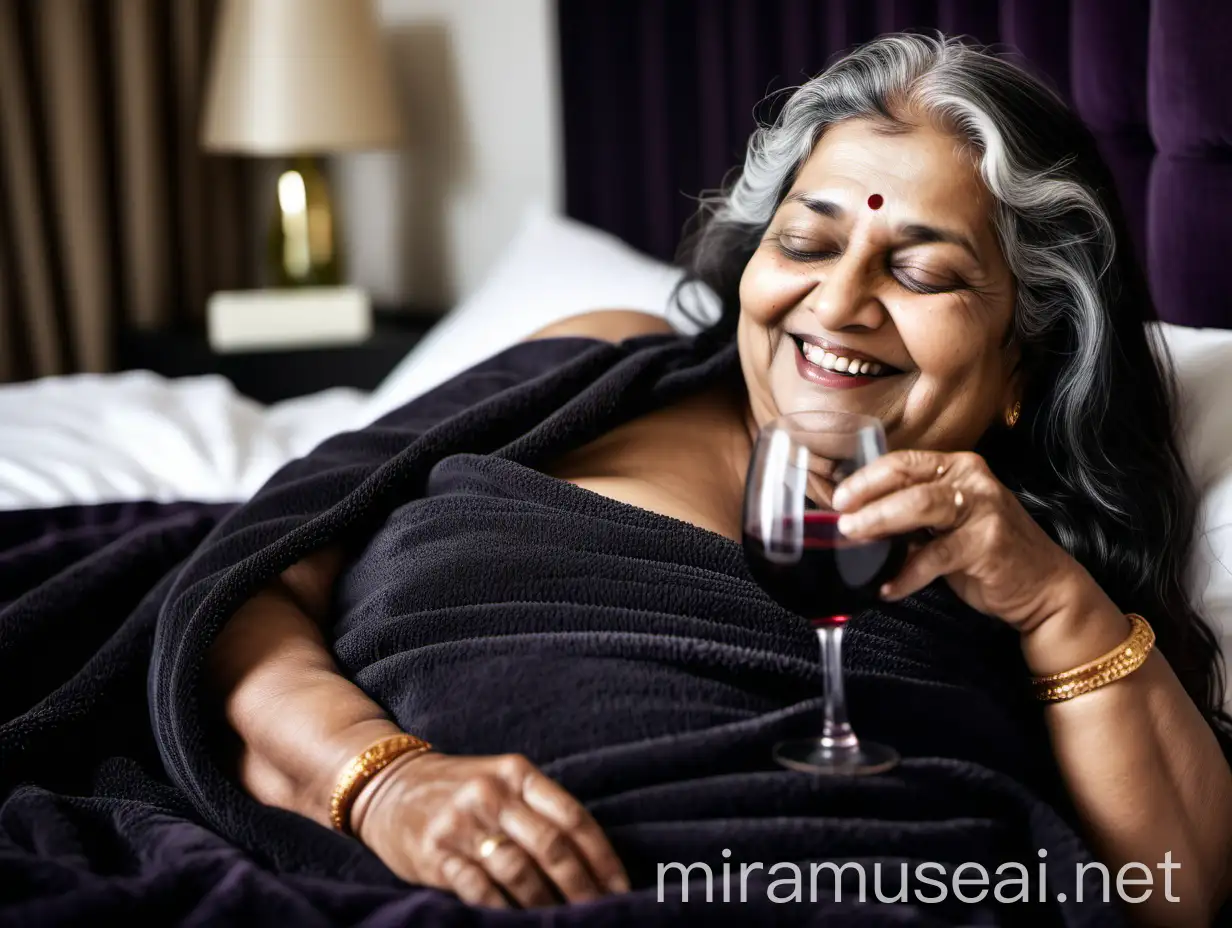 Elderly Indian Woman Relaxing with Wine on Luxurious Bed