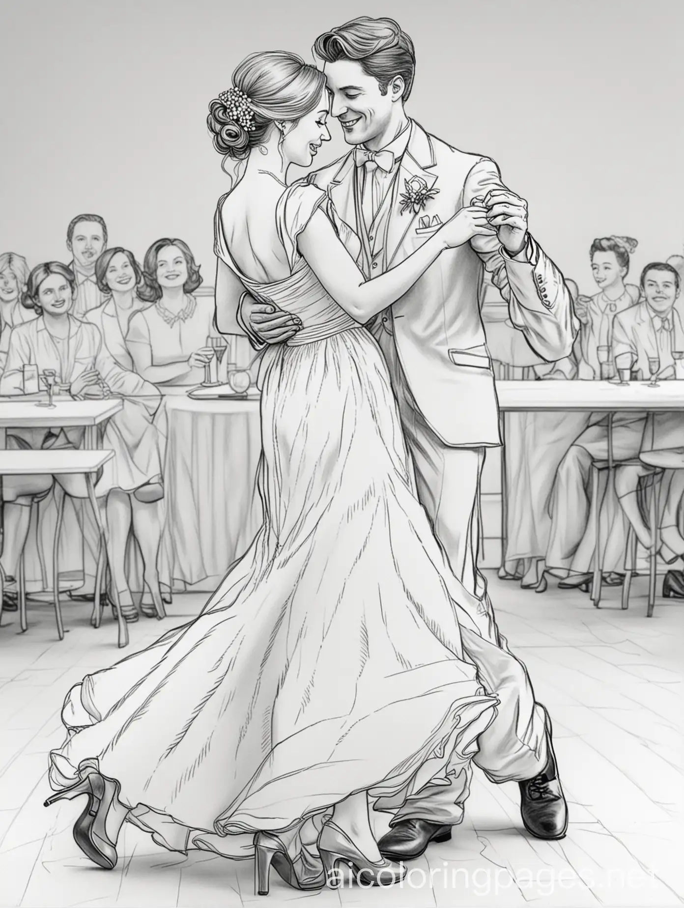 A realistic drawing with black lines on a white background. A Married couple dancing on their wedding day on the dance floor. No colors, no shadings and no fillings., Coloring Page, black and white, line art, white background, Simplicity, Ample White Space. The background of the coloring page is plain white to make it easy for young children to color within the lines. The outlines of all the subjects are easy to distinguish, making it simple for kids to color without too much difficulty