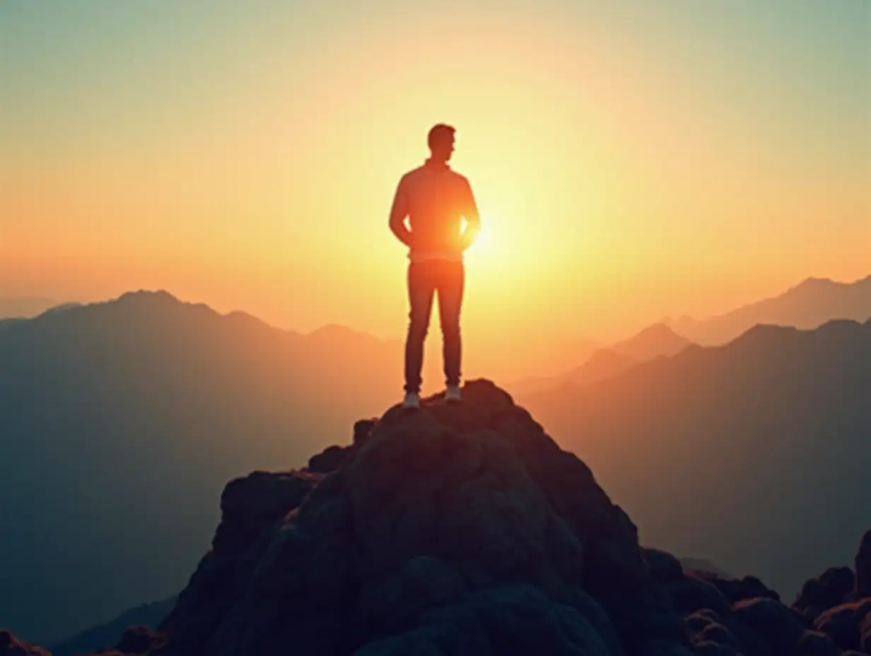 Create an image of a confident person standing tall on a mountain peak, with the sun rising in the background. The person should look reflective and strong, symbolizing inner strength and resilience. The scene should evoke feelings of calm, self-assurance, and growth, with the natural elements (mountains, sunrise) representing the journey of building self-trust.