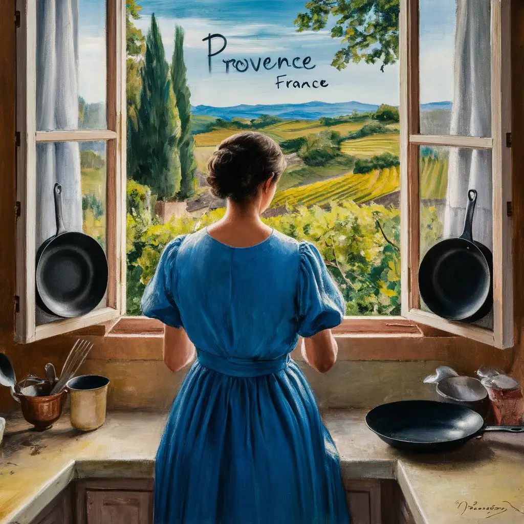 Woman in Blue Dress Looking Out Kitchen Window Overlooking Provence France