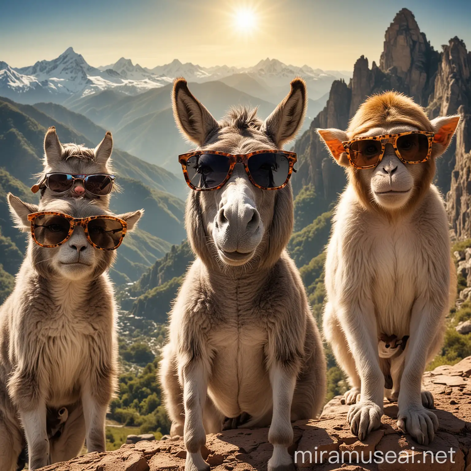 Animals with Sunglasses on Mountain Adventure