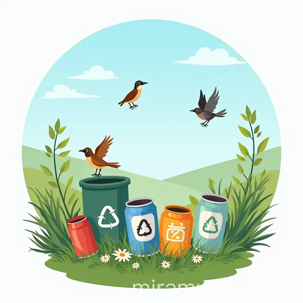 I want a logo that has a backround of a nature with birds recycling cans and other things and a blue sky