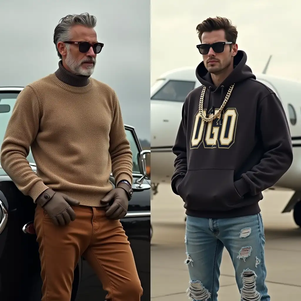 Old vs. New money men's style: split-screen, left: cashmere sweater, corduroy pants, driving gloves, vintage car; right: logo hoodie, ripped jeans, gold chain, private jet; diffused light, comparative analysis, visual contrast, aspirational lifestyle