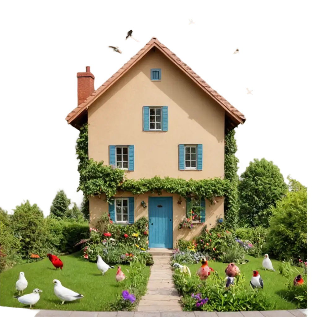 PNG-Image-of-a-Charming-Small-House-with-a-Garden-and-Birds-Enhance-Your-Online-Presence